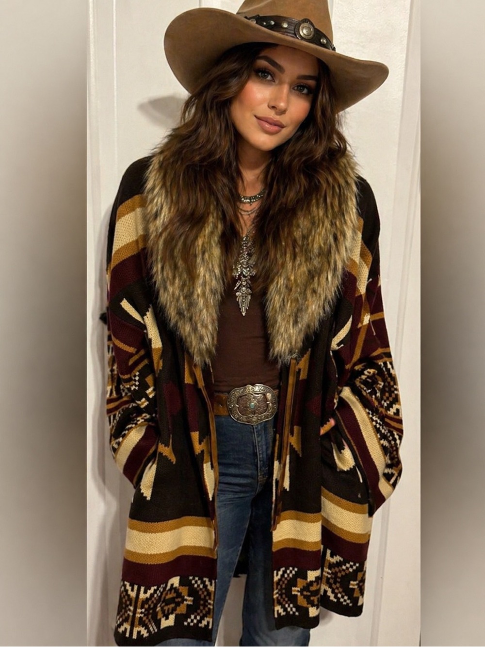 Rockin C wool blend;Multicolor Cardigan with Faux Fur Collar; size small